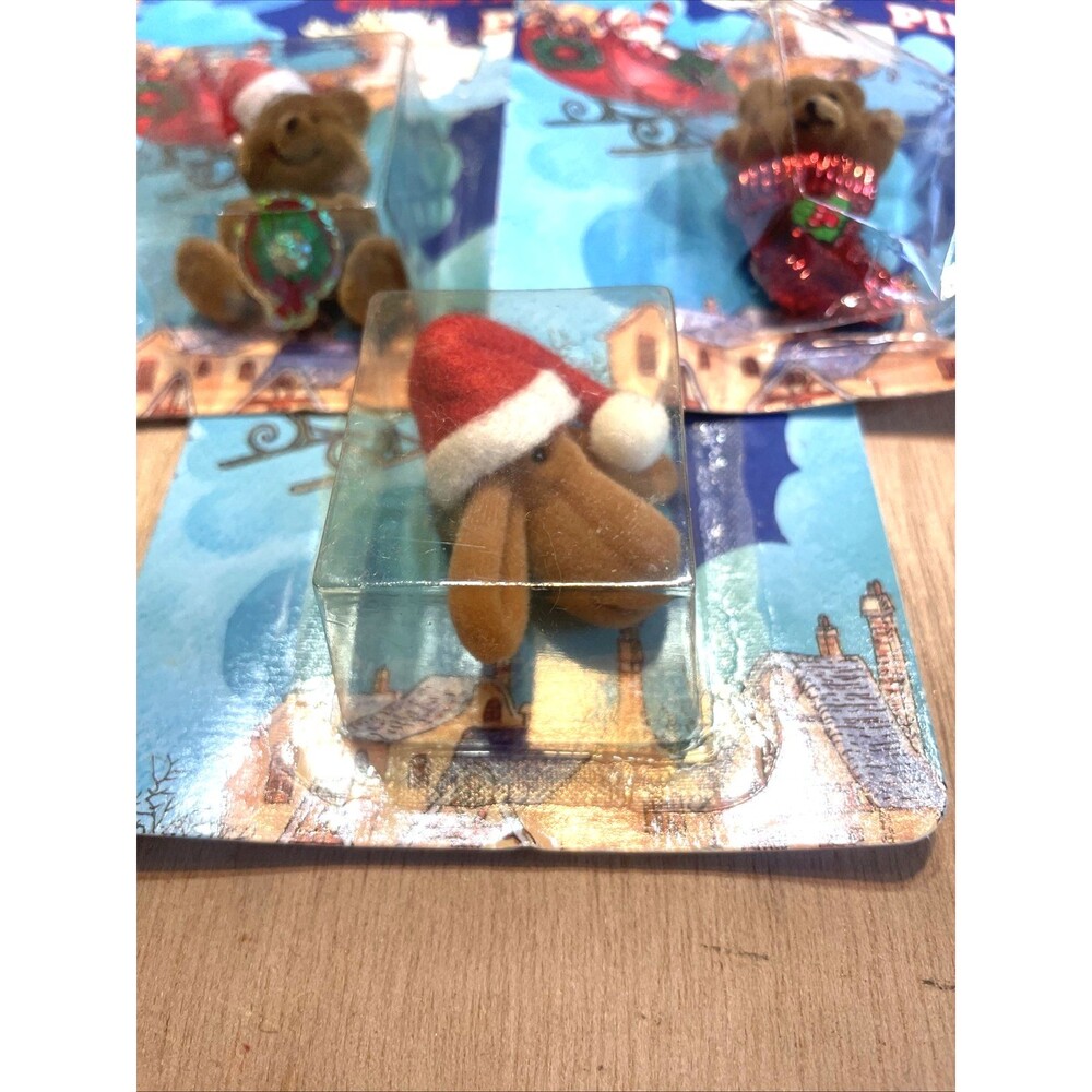 Vintage Flocked Christmas Pins Moose Teddy Bear Santa Hat 3 pcs